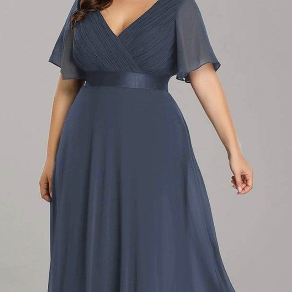 Ever Pretty Empire Waist V back evening dress with short sleeve, 16, dusty navy